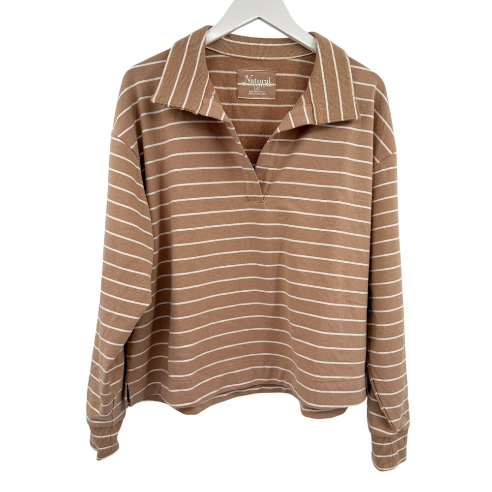 Natural Reflections cropped long sleeve collared rugby‎ top size large tan white